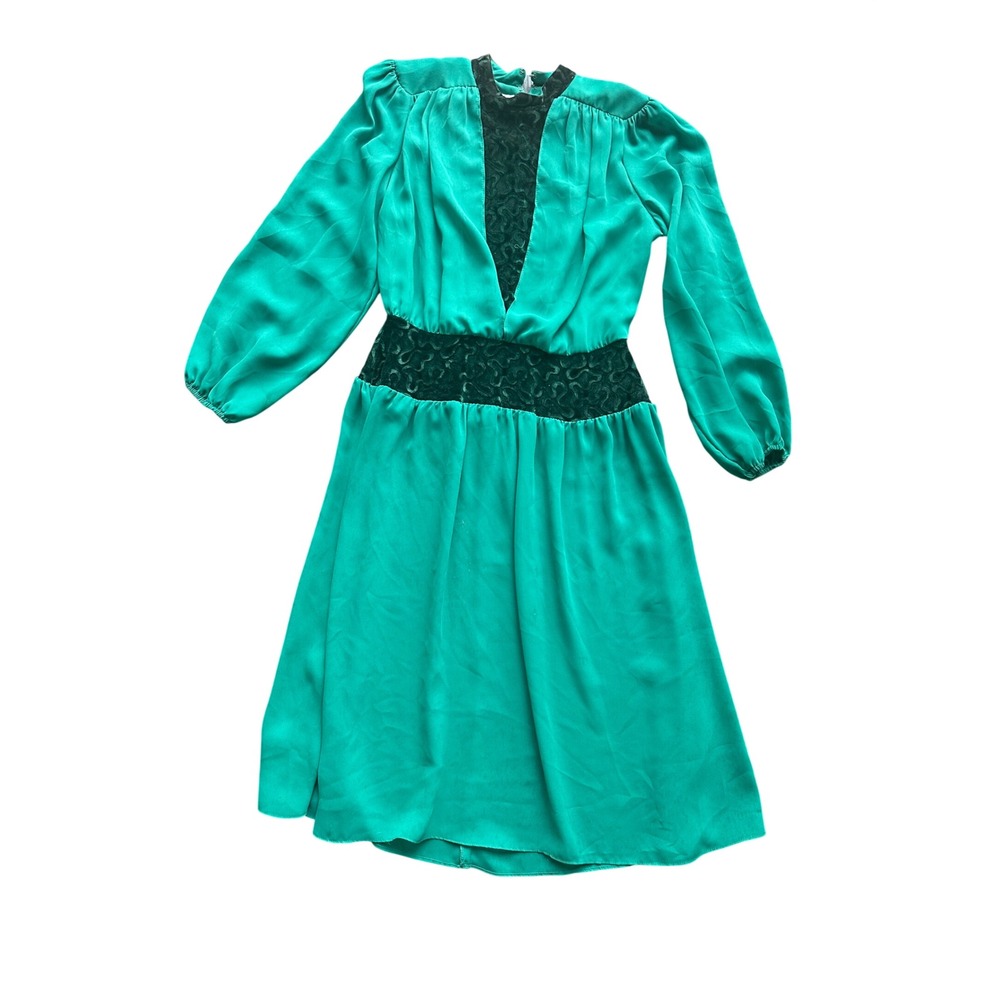 Vintage Jennifer Gee Emerald Green Velvet Trim Long Sleeve Party Dress Size 8
